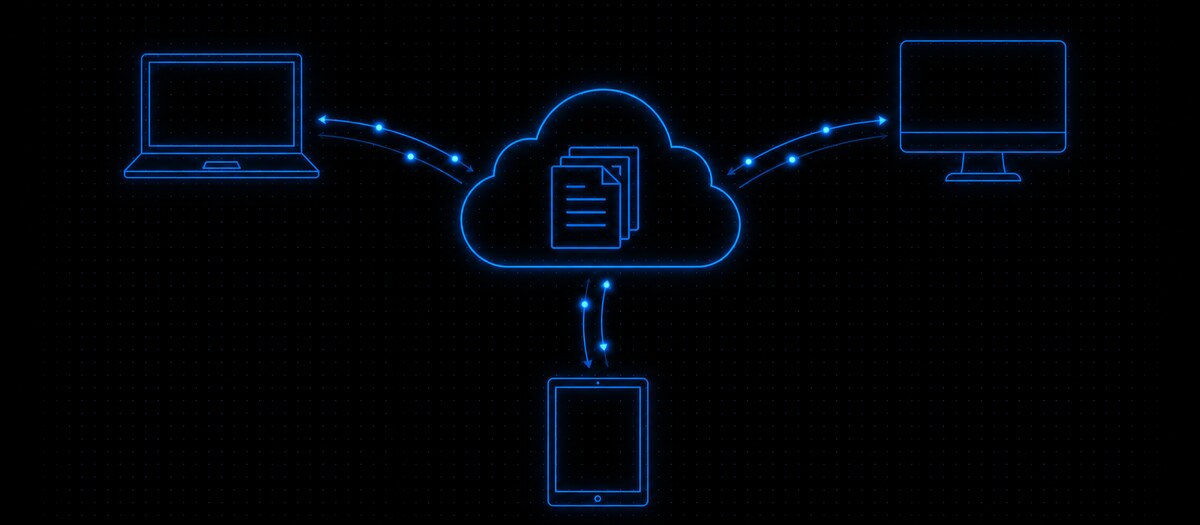A cloud holding session files syncing with a laptop, a desktop and a tablet, illustrating projects that follow you