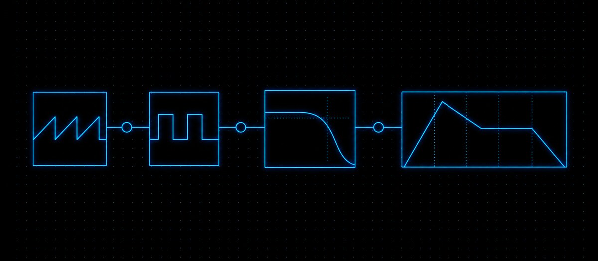 A sawtooth and a square oscillator feeding a filter curve and an ADSR envelope, illustrating a synth voice chain