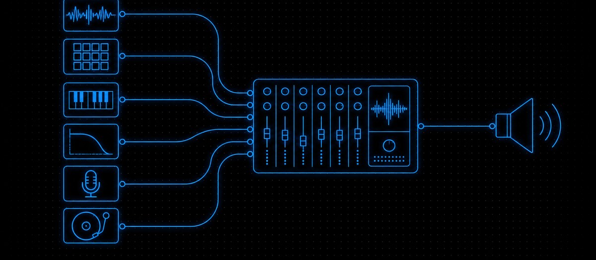 Six instrument sources converging into one mixer and out to a single speaker, illustrating the shared audio engine