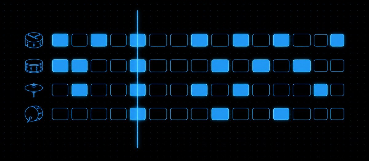 Four rows of sequencer cells with a playhead crossing them, illustrating a 16-step drum grid