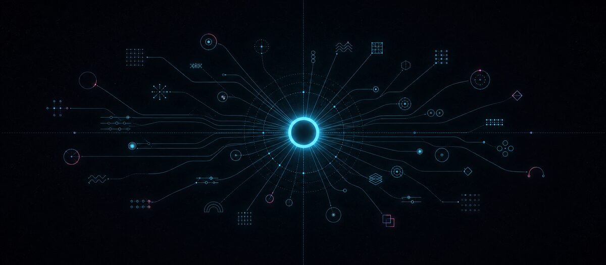Dozens of small instrument glyphs converging along thin lines into a single luminous ring, illustrating every app gathered into one plan