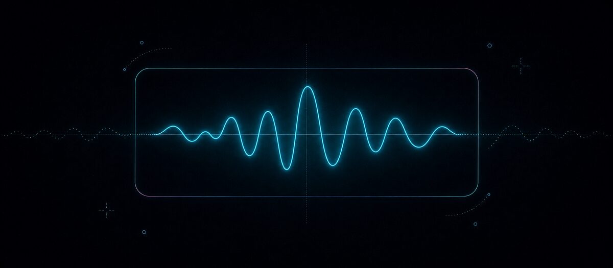 A luminous waveform fully formed inside a thin browser-shaped frame and fading to a dotted trace outside it, illustrating music production that runs entirely in the browser