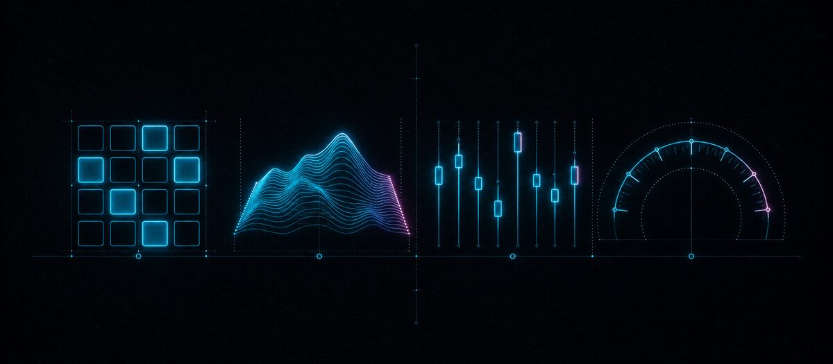 A pad grid, a wavetable ridge, a fader bank and a ticked transport arc aligned on one baseline like a matched set of measuring instruments