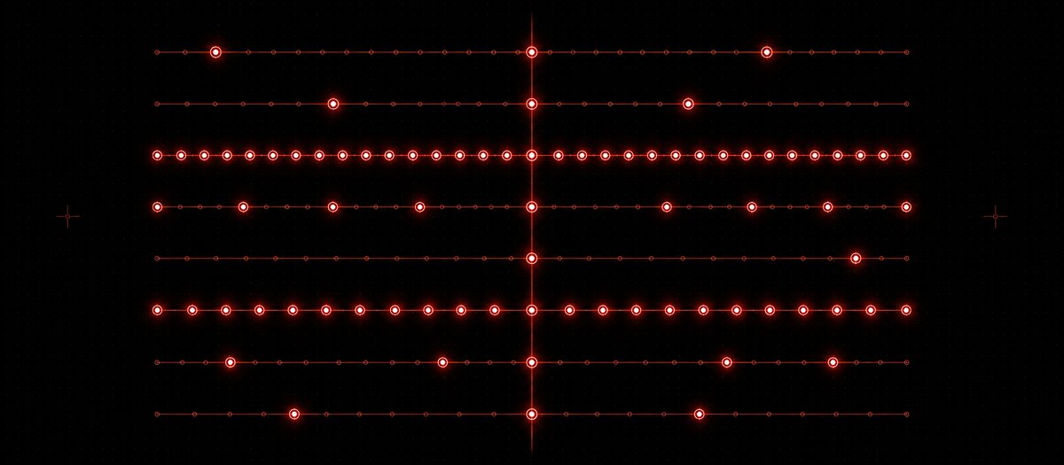 Eight stacked lanes of lit step nodes at different densities, crossed by a playhead, illustrating the eight tracks of Trap Machine