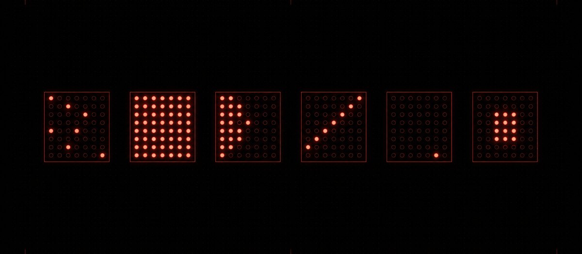 Six grid tiles each carrying a different rhythmic signature of lit cells, illustrating the six preset patterns