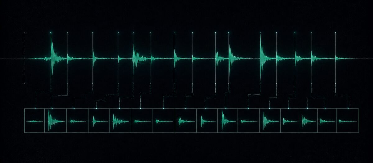 A waveform cut at its transients into sixteen segments laid out below in individual cells, illustrating the break slicer