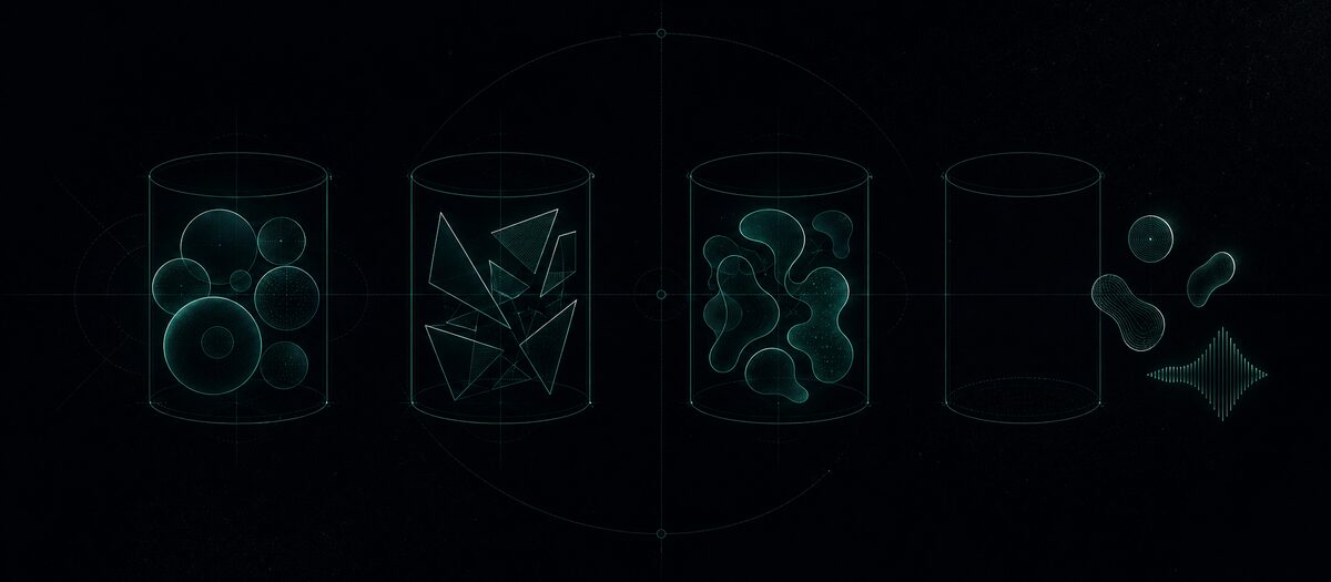 Four containers holding different families of sound shapes, the last half empty with loose glyphs waiting, illustrating three kits plus a custom one