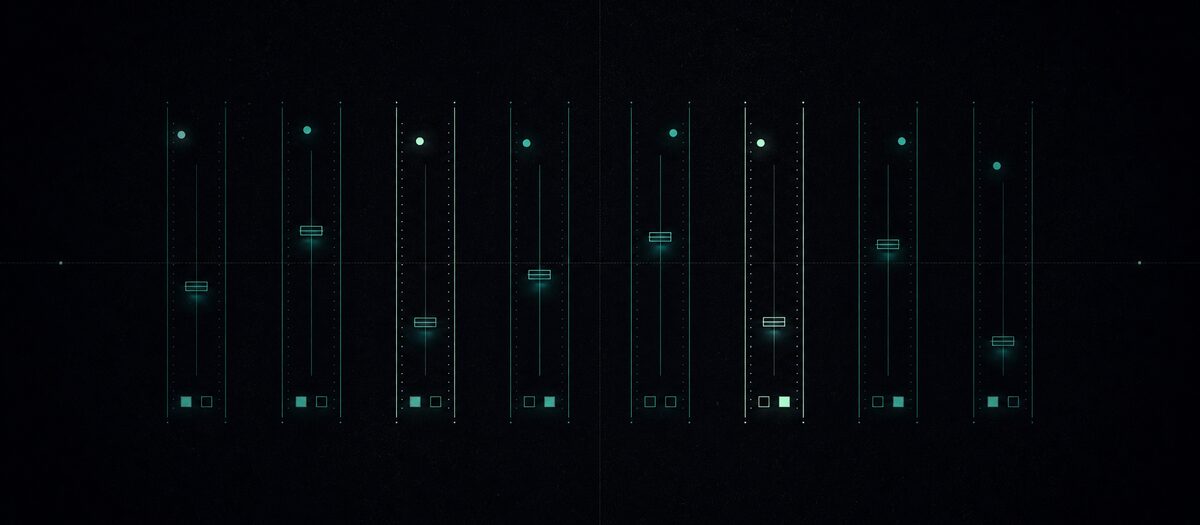 Eight narrow channel strips with faders, pan dots and state squares all set differently, illustrating a mixer strip on every pad