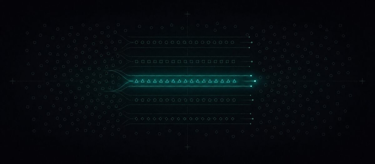 A scattered field of marks sorted into five clean lanes by shape, illustrating sounds filtered by category
