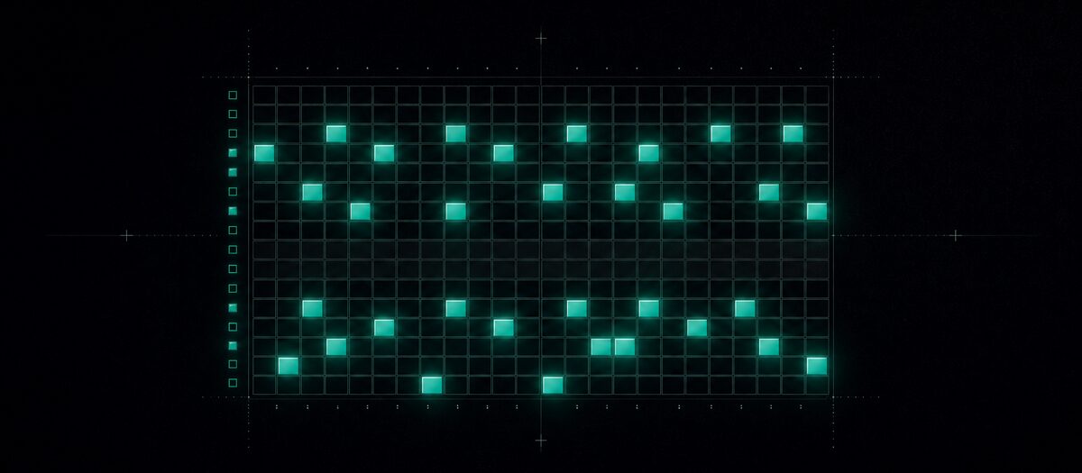 A sixteen-by-sixteen grid with scattered lit cells and two dimmed rows, illustrating one step row per pad with muting
