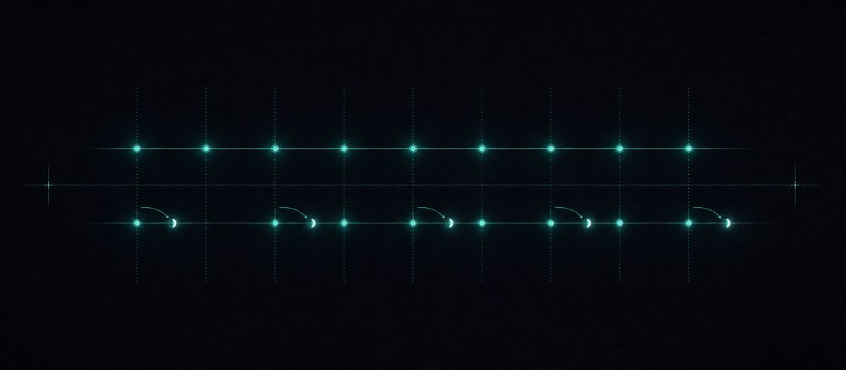 Two timelines, one locked to a rigid grid and one with every second mark nudged late, illustrating swing