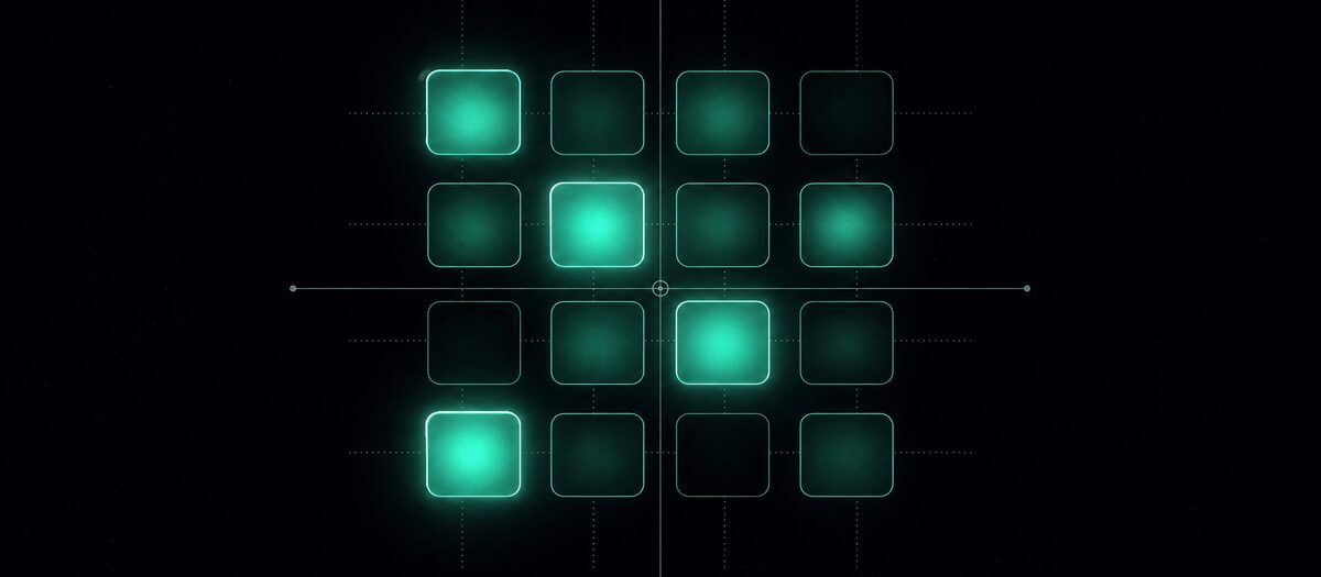 A four-by-four pad grid where each pad glows at a different intensity, illustrating sixteen pads that respond to how hard they are hit