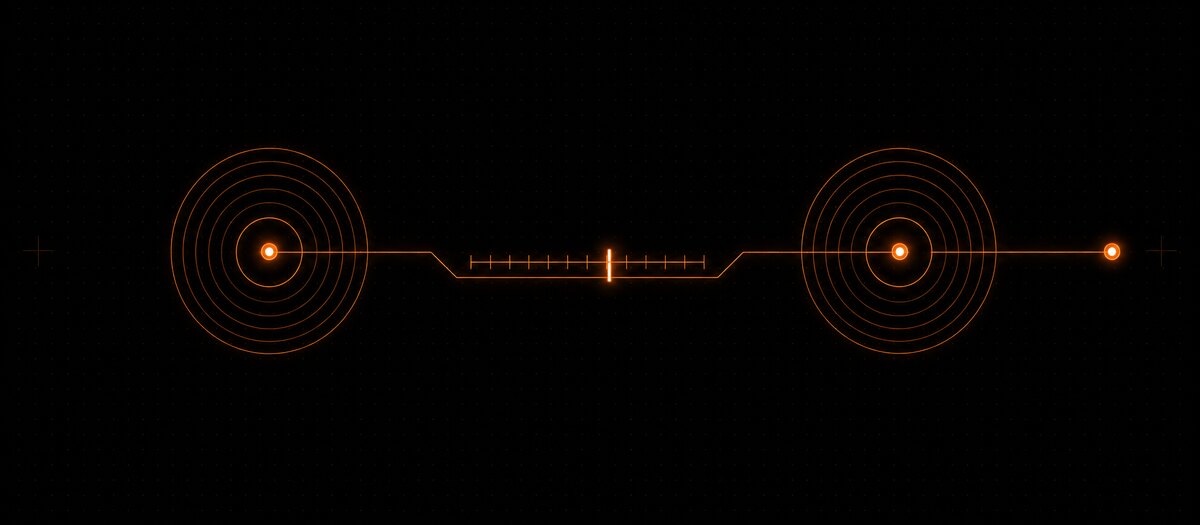 Two concentric-ring platters feeding a central fader track and out to a single node, illustrating two decks and a crossfader