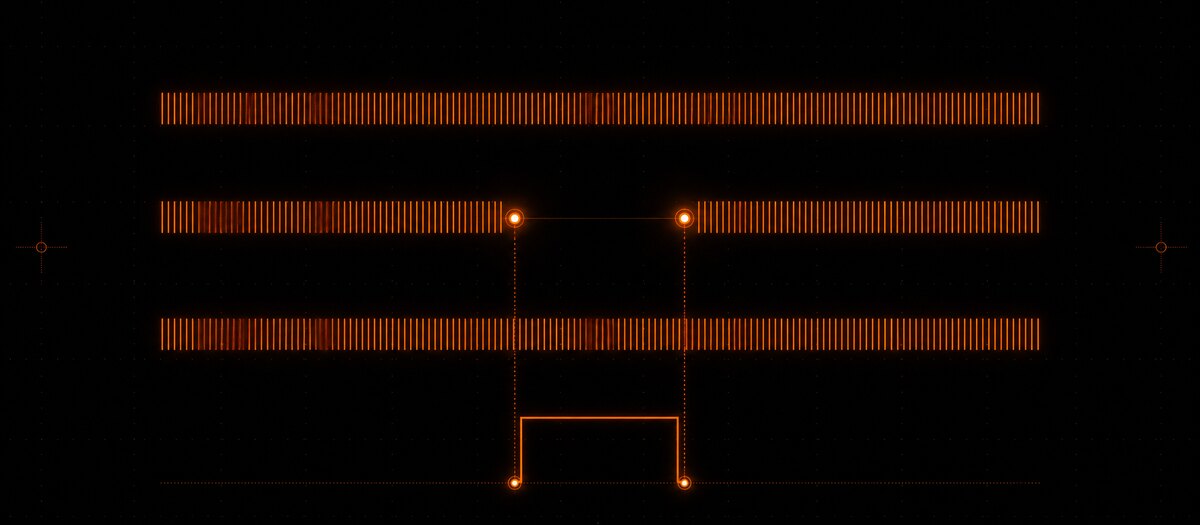 Three spectrum bands with a clean rectangular section cut out of the middle one, aligned to a gate pulse