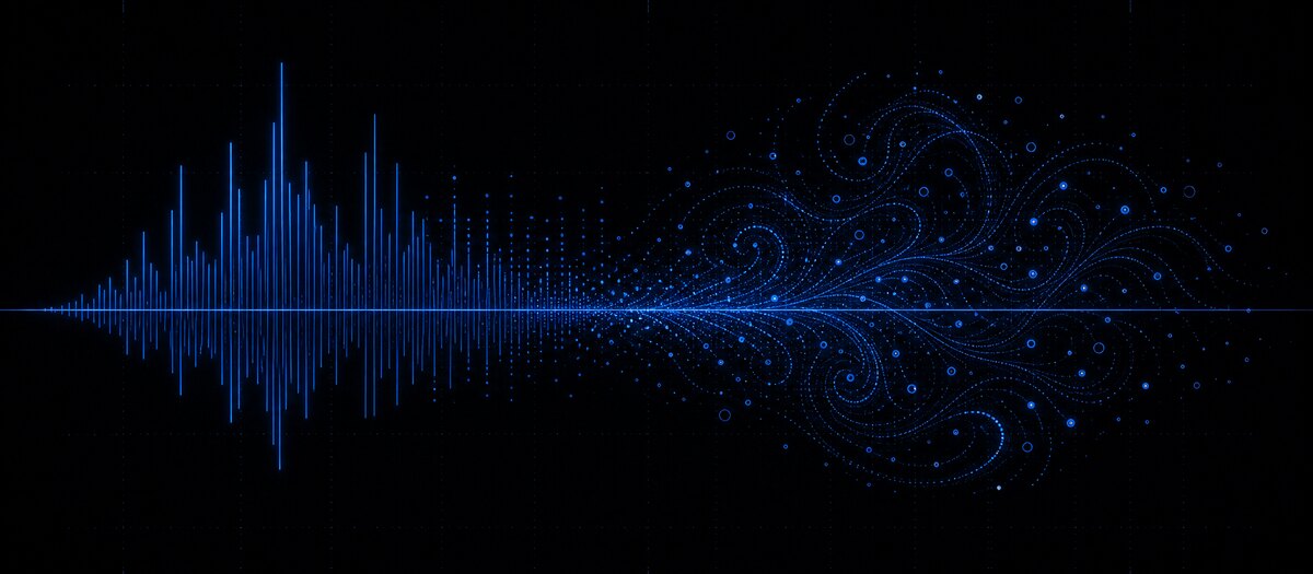 A spectrum plot breaking apart into a swirling particle field along a shared axis, illustrating the FFT visualiser