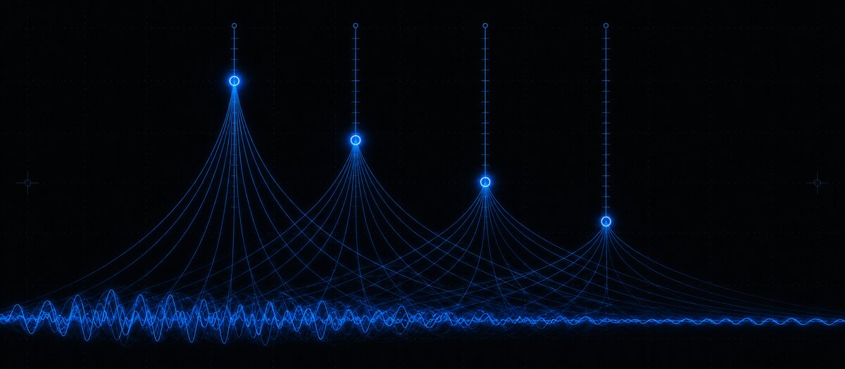Four vertical slider handles fanning influence lines down into a shared rippling field, illustrating the four macros