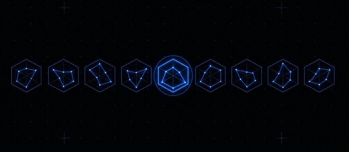 Nine hexagonal tokens each holding a different parameter radar plot, with one selected, illustrating the quantum presets