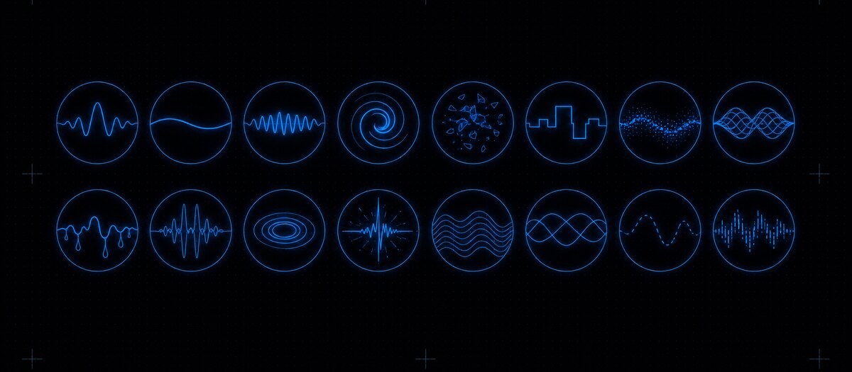 Sixteen circular cells each holding the same waveform deformed a different way, illustrating the sixteen morph effects