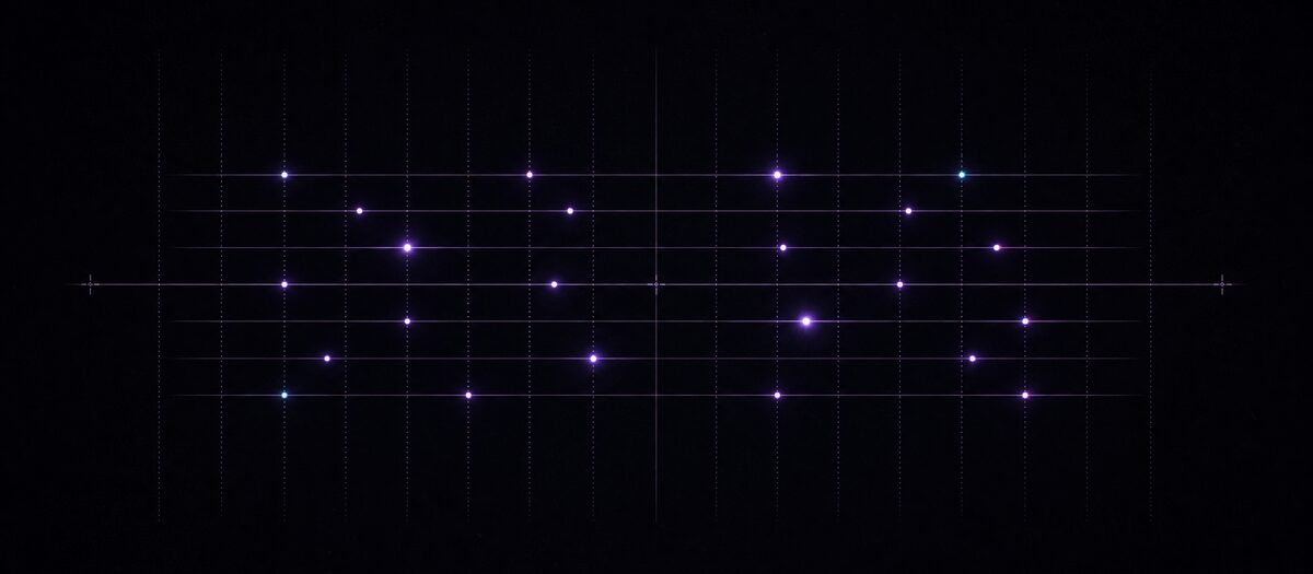 Eight horizontal lanes carrying four lit steps each, illustrating the eight tracks and thirty-two sounds of the sequencer