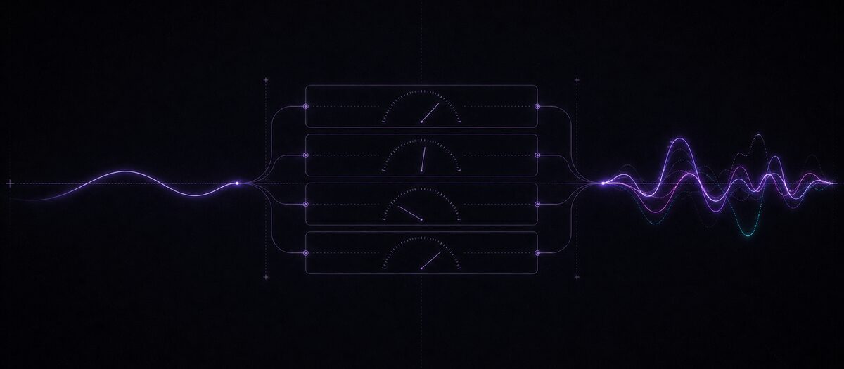 A waveform passing through four stacked effect modules and leaving visibly reshaped, illustrating the mixer and the filter, reverb, delay and distortion rack