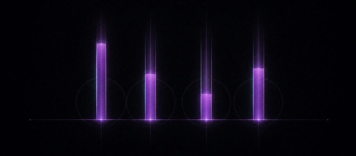 Four luminous columns at different heights, illustrating the complexity, density, variation and mutation parameters