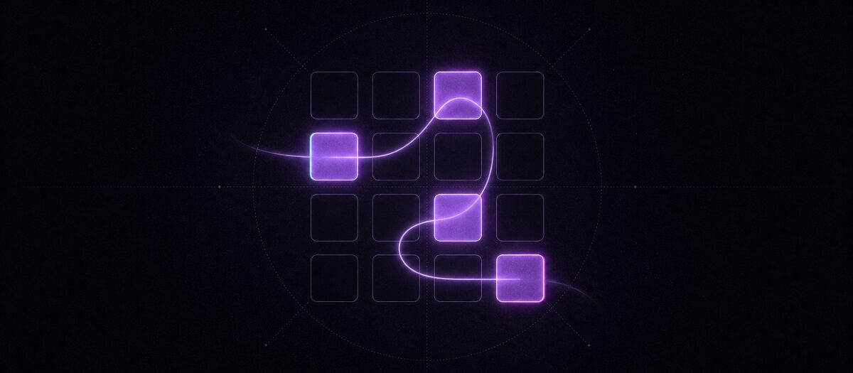 A four-by-four pad matrix with a ribbon of light traced across it, illustrating performance pads played over a generated pattern