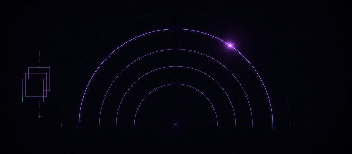 Concentric ticked arcs with a swinging marker beside three stacked cards, illustrating the metronome, bar counters and preset library