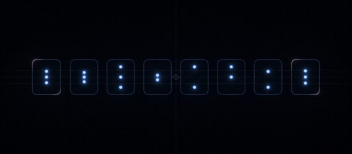 Eight pads each holding three dots at different vertical spacings, illustrating eight one-touch chord voicings