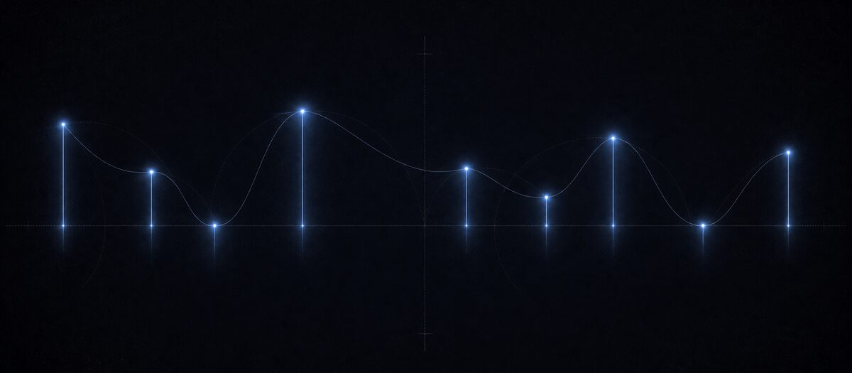 Bright discrete markers at exact pitches bridged by faint interpolation curves, illustrating real recorded notes pitched between