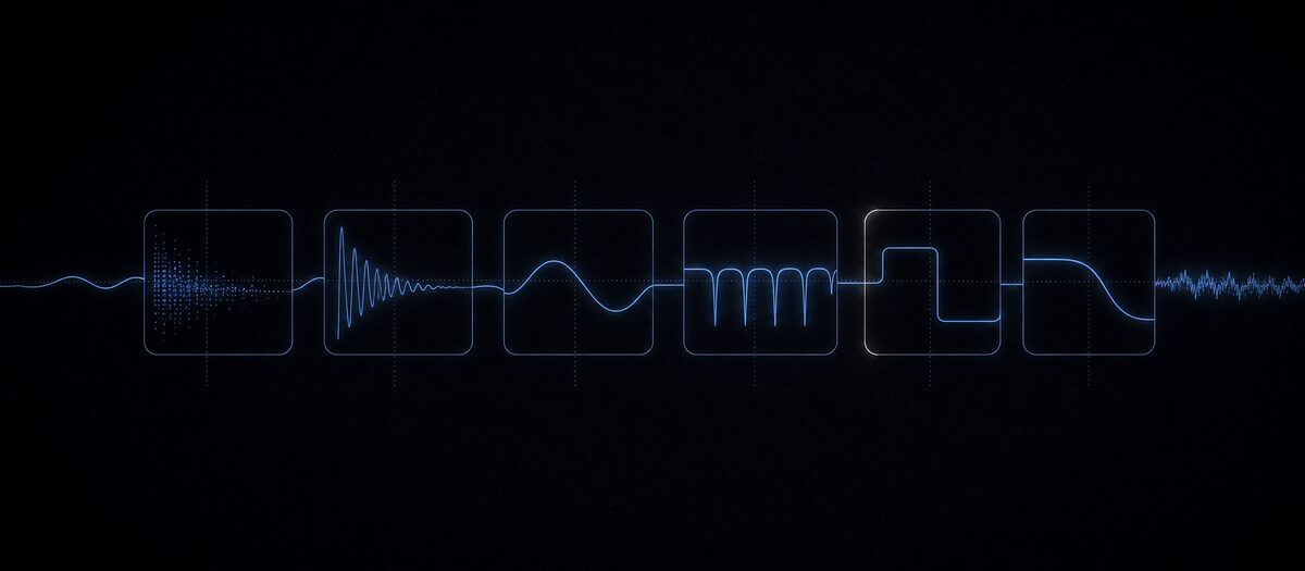 Six hairline modules with different internal glyphs threaded by one signal line, illustrating reverb, delay, chorus, phaser, distortion and filter