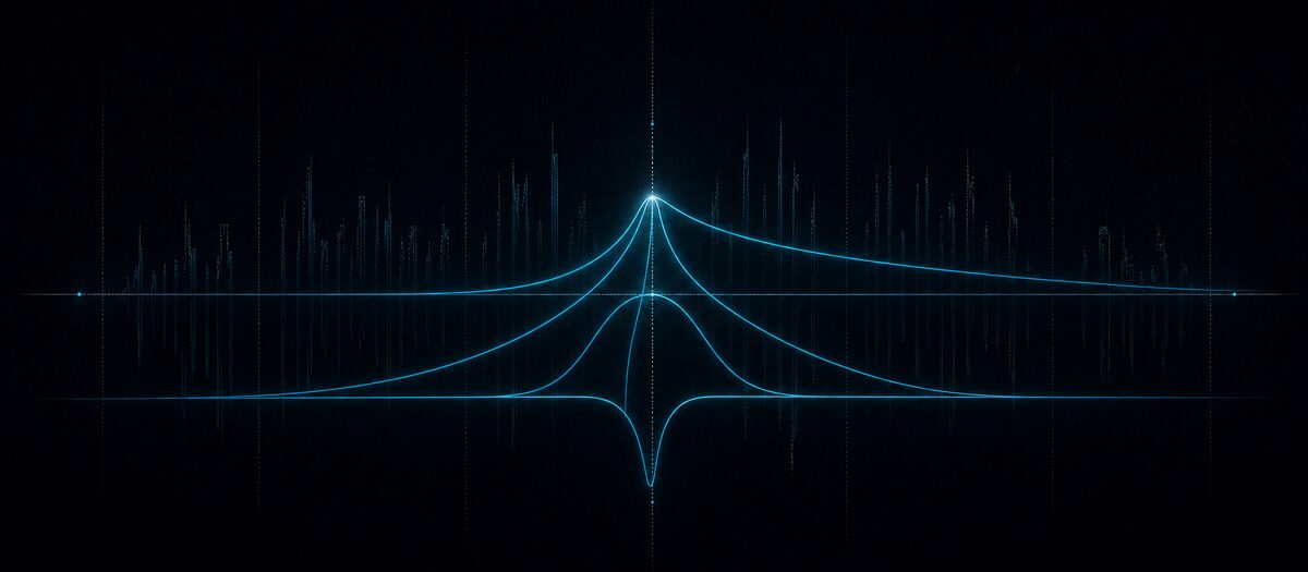Four filter response curves sharing one resonant peak over a roughened harmonic field, illustrating lowpass, highpass, bandpass and notch with drive