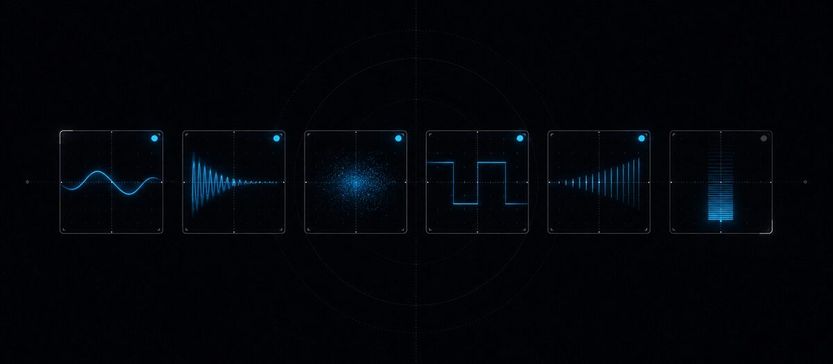 Six module panels each showing a different readout with its own power indicator, illustrating the six effects and their scopes