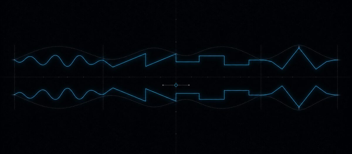 Two detuned waveform traces beating against each other while morphing through a stack of wavetable frames, illustrating two oscillators scanning a wavetable