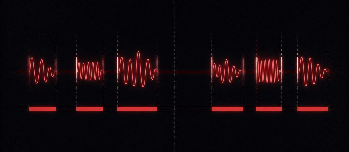 A waveform chopped into hard segments by a gate track below it, illustrating crossfader cuts, transforms and chirps