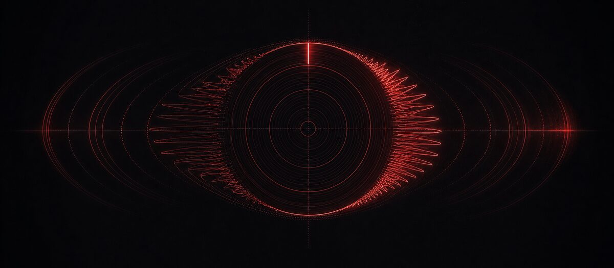 A hairline disc whose rim waveform is stretched on one side and compressed on the other, illustrating a platter dragged forward and backward