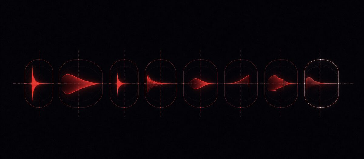 Eight waveform capsules in a row, each with a different envelope silhouette, illustrating the eight scratch sounds