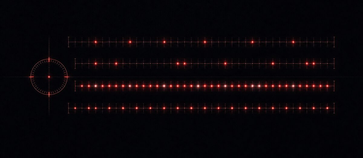 Four stacked lanes with different rhythmic distributions beside a tempo tick ring, illustrating the four practice beats