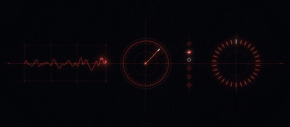A waveform strip, a rotation dial, indicator dots and a strobe ring arranged as one readout panel