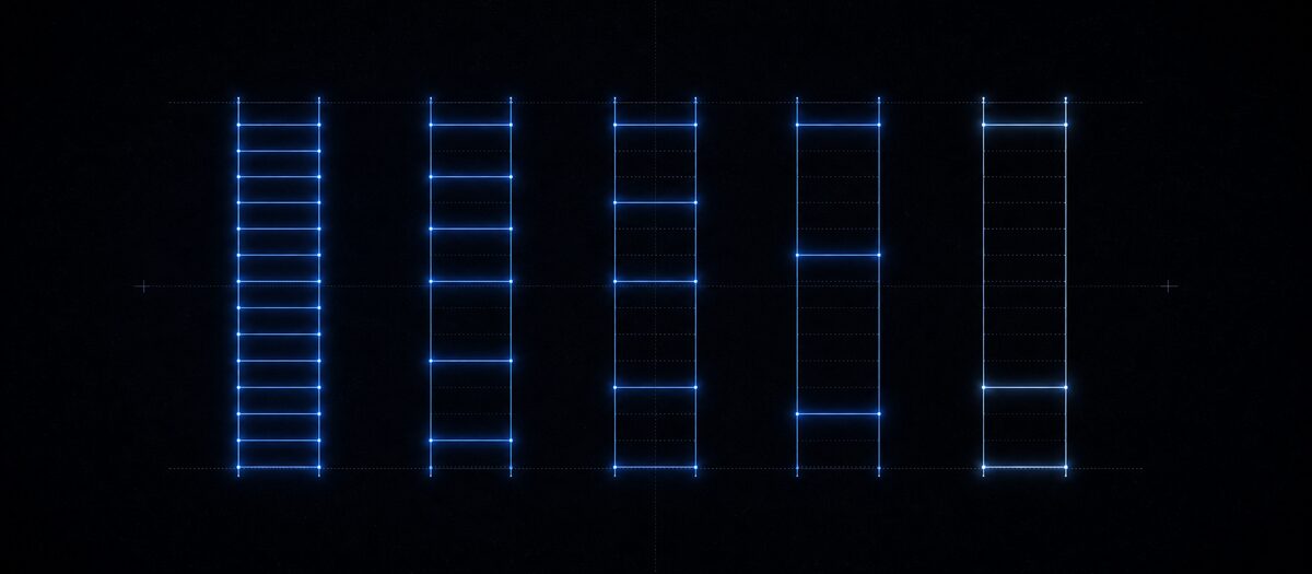Five ladders with progressively fewer rungs at wider spacings, illustrating five scales from chromatic down to pentatonic