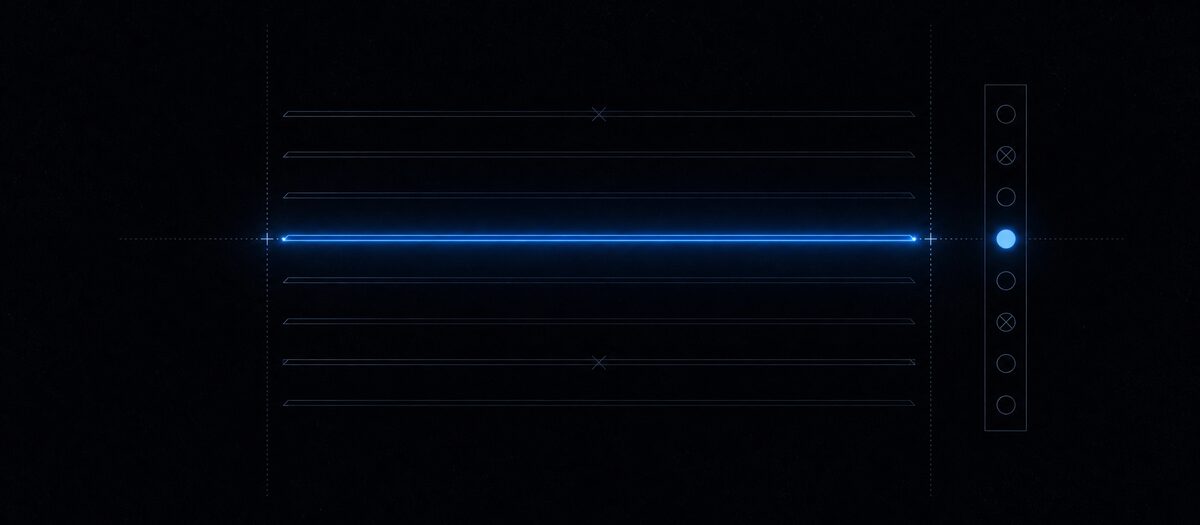 One blazing lane among seven dimmed ones with a state panel alongside, illustrating solo, mute and the track summary
