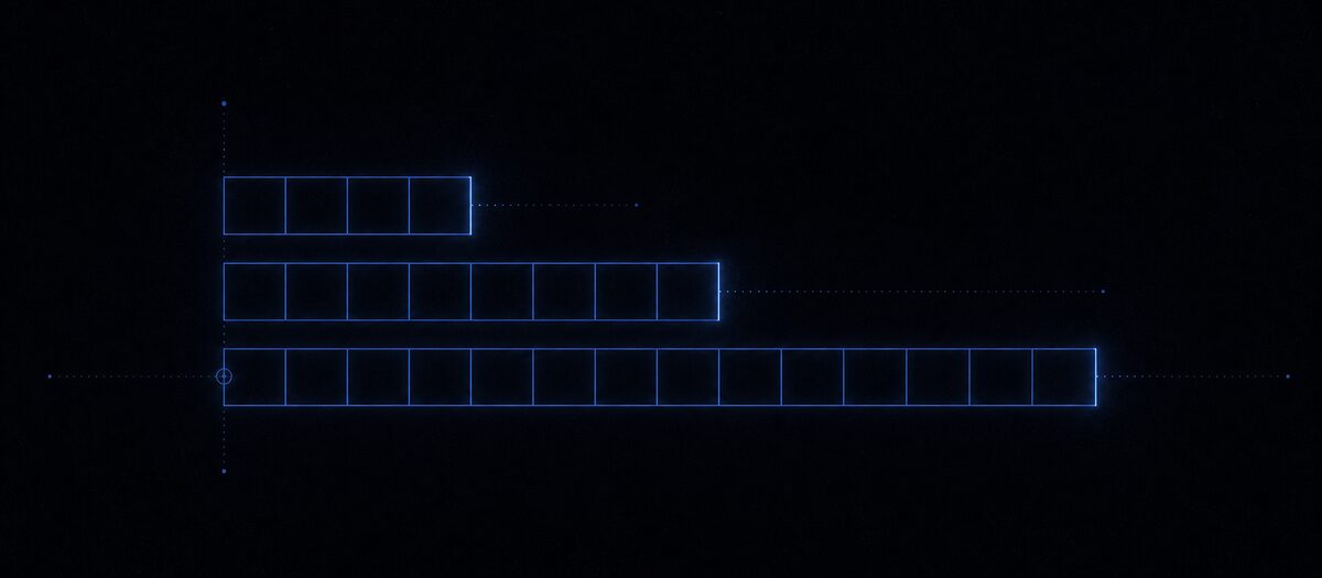 Three step rows of the same cell size but one, two and four times the length, illustrating a pattern stretched over more bars