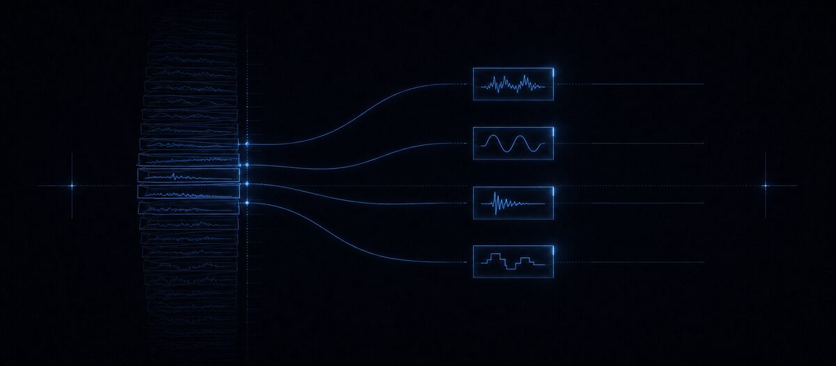 A deep stack of waveform thumbnails feeding four selected samples into four track slots, illustrating the whole library on every row