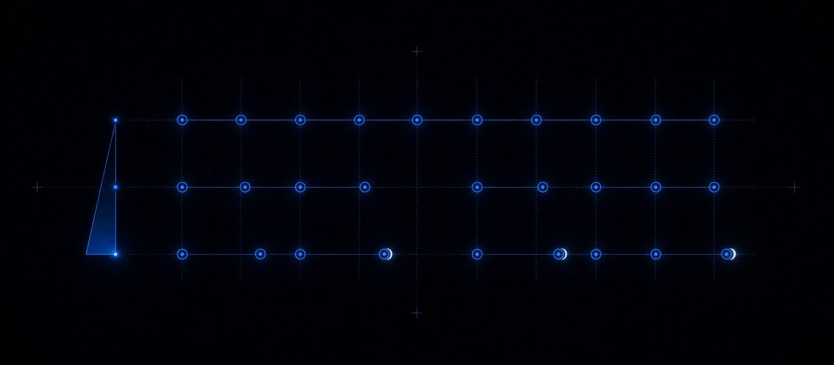 Three timelines showing off-beat marks drifting progressively later against a rigid grid, illustrating the swing control