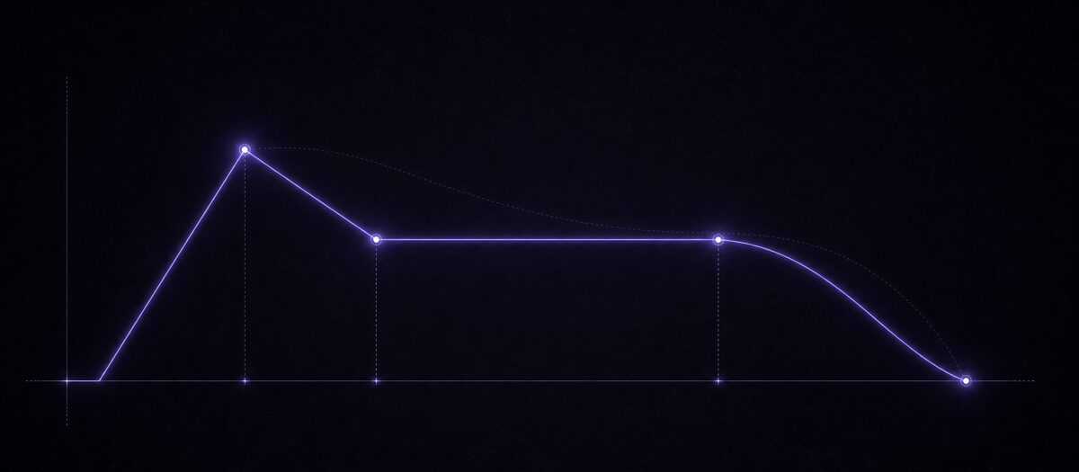 An envelope contour in four segments with breakpoint markers, illustrating attack, decay, sustain and release