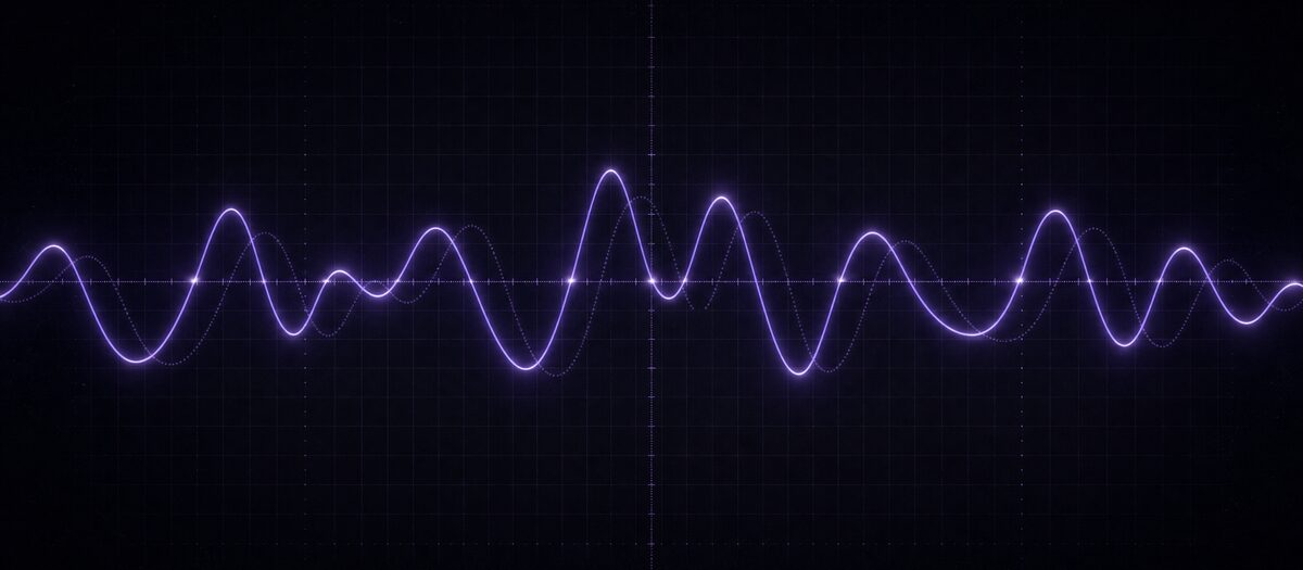 A live waveform trace on a fine graticule with a ghost trace drifting out of phase behind it