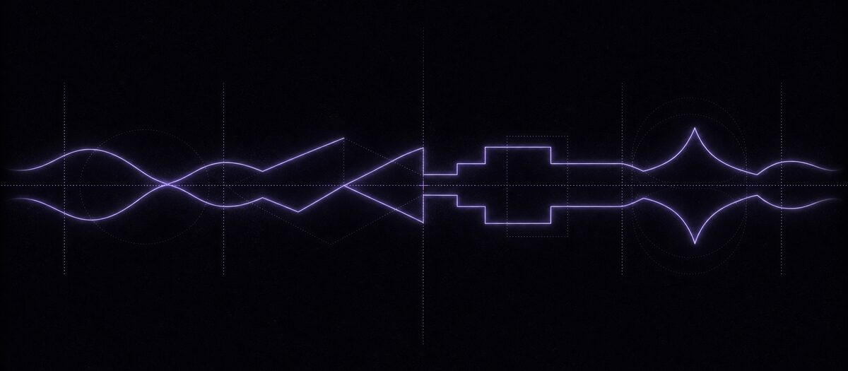 Two waveform traces slightly out of phase, each morphing through four shapes, illustrating two oscillators with independent waveforms and detune