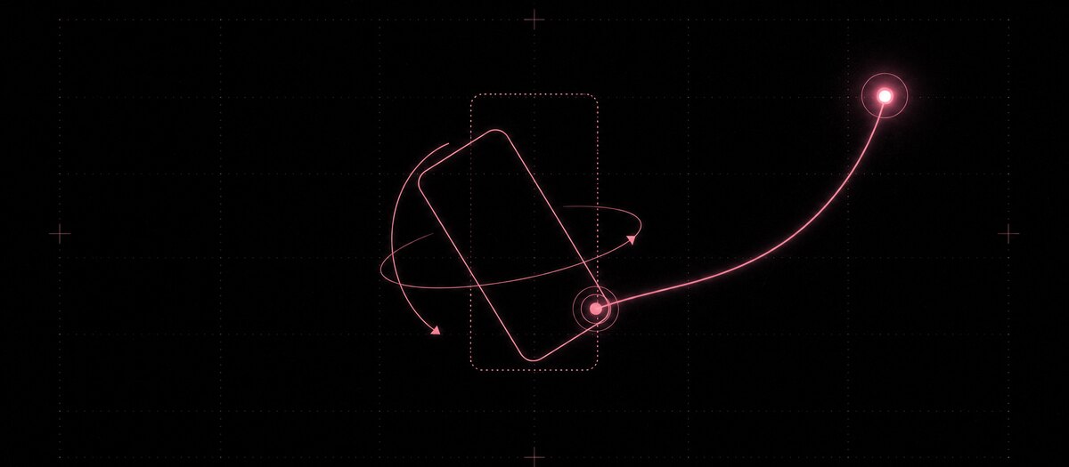 A tilted device outline with rotation arcs on two axes and a gesture curve rising to a lit node