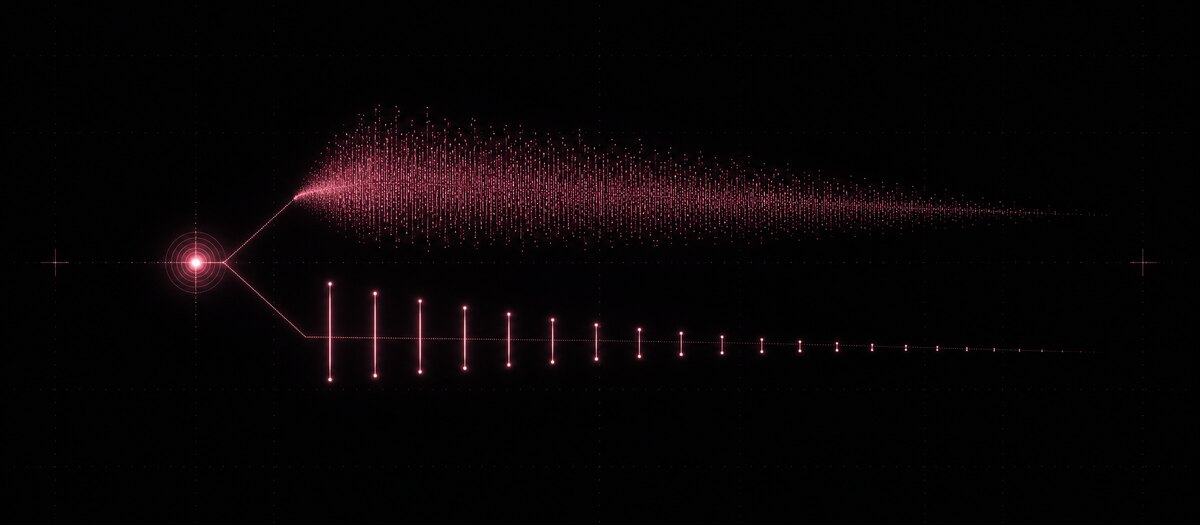 One impulse spreading into a diffuse reverb cloud above and a decaying echo train below