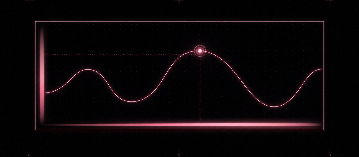 A freely curving line across a field with continuous unmarked scales on both axes, illustrating pitch and volume without steps