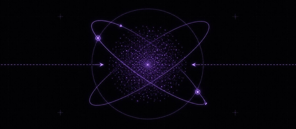 A particle cloud circled by two crossing orbit paths with a zoom axis running through it